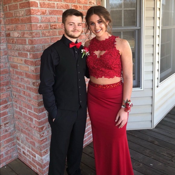 red prom dress and suit